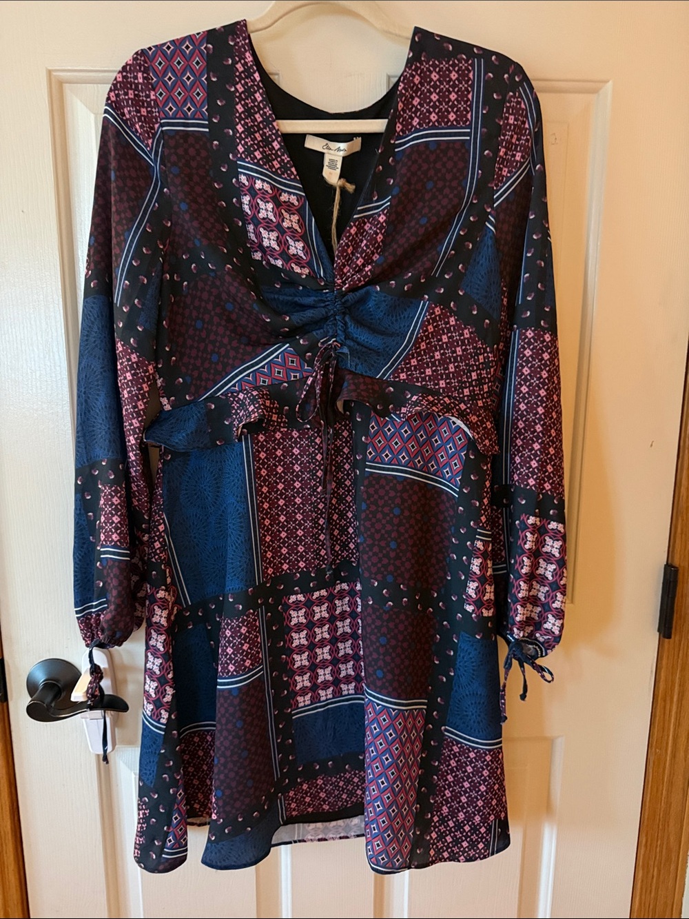 Ella Moon Bo ho Patchwork V-Neck Long-Sleeve Dress in Navy & Burgundy